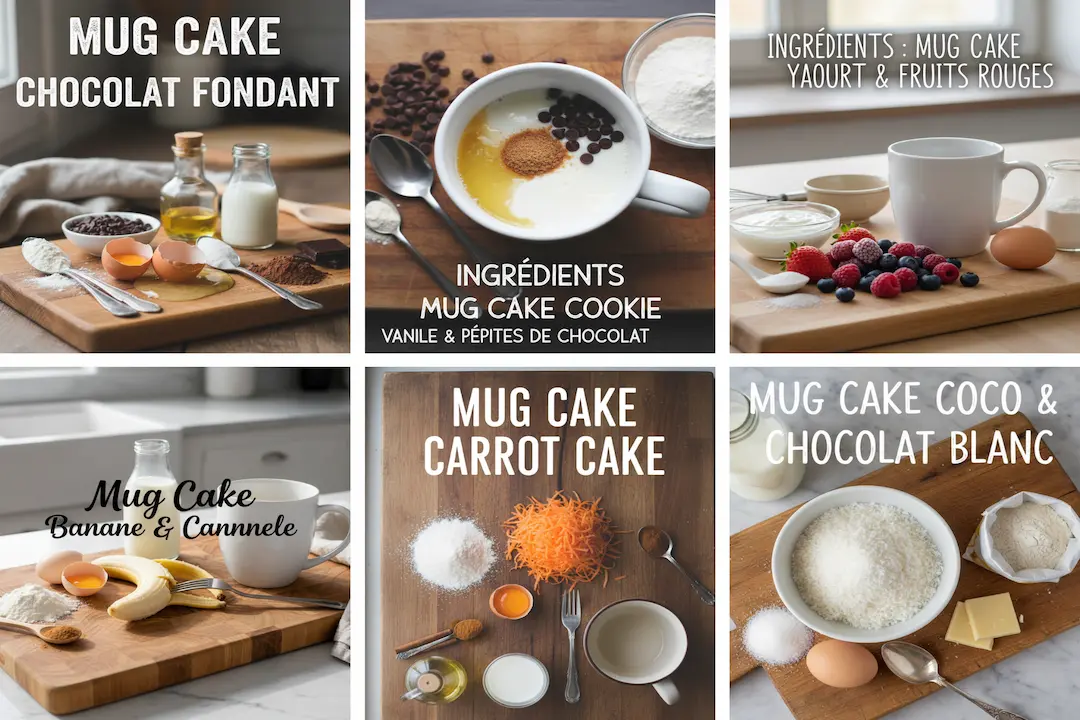 Ingrédients pour 6 recettes de Mug Cakes faciles, incluant farine, œufs, sucre, chocolat, fruits rouges et carotte, disposés sur un plan de travail de cuisine.