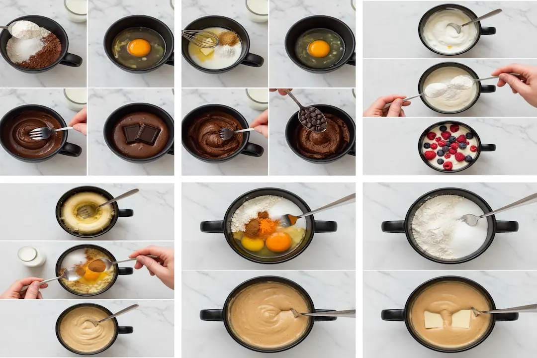 Personne mélangeant la pâte à Mug Cake directement dans une tasse à l'aide d'une fourchette, illustrant la préparation facile et rapide de la recette au micro-ondes.