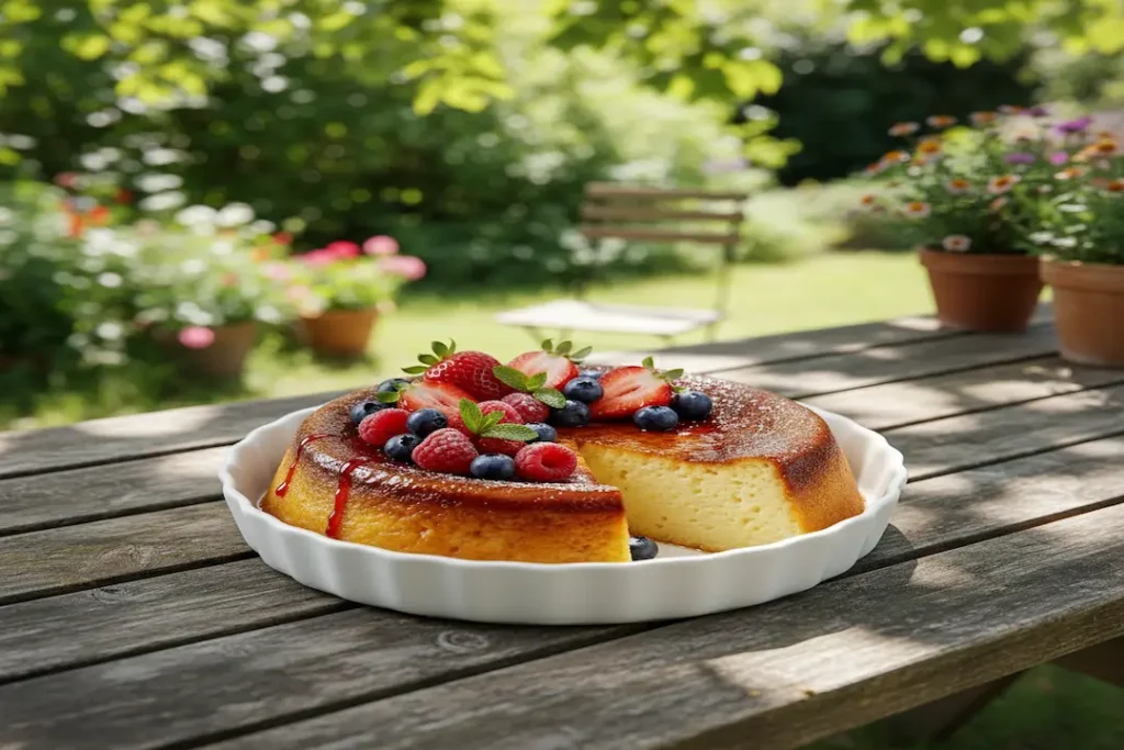 Flan SANS PÂTE doré, encore dans son moule rond après la cuisson au four.