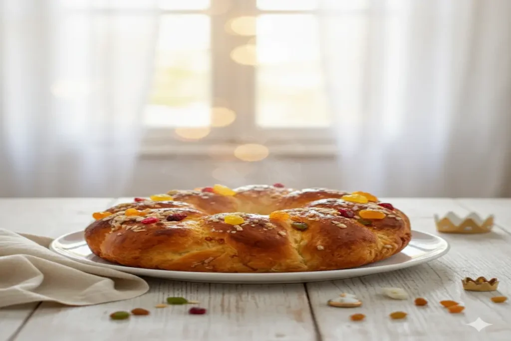 Brioche des Rois Provençale cuite, dorée, présentée sur un plat avec fève et fruits confits brillants.