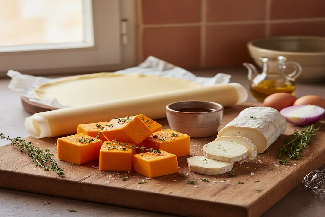 Gros plan des ingrédients bruts sur une planche : dés de butternut cru, bûche de chèvre, miel, huile d'olive, thym et pâte brisée.