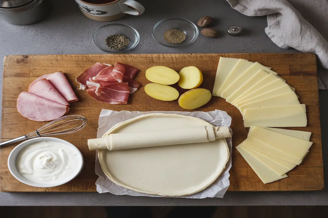 Ingrédients Clés de la Tarticlette Facile Les ingrédients de la Tarticlette : pâte à tarte, crème fraîche, jambon blanc et cru, pommes de terre cuites, et tranches de fromage à raclette sur une planche en bois.