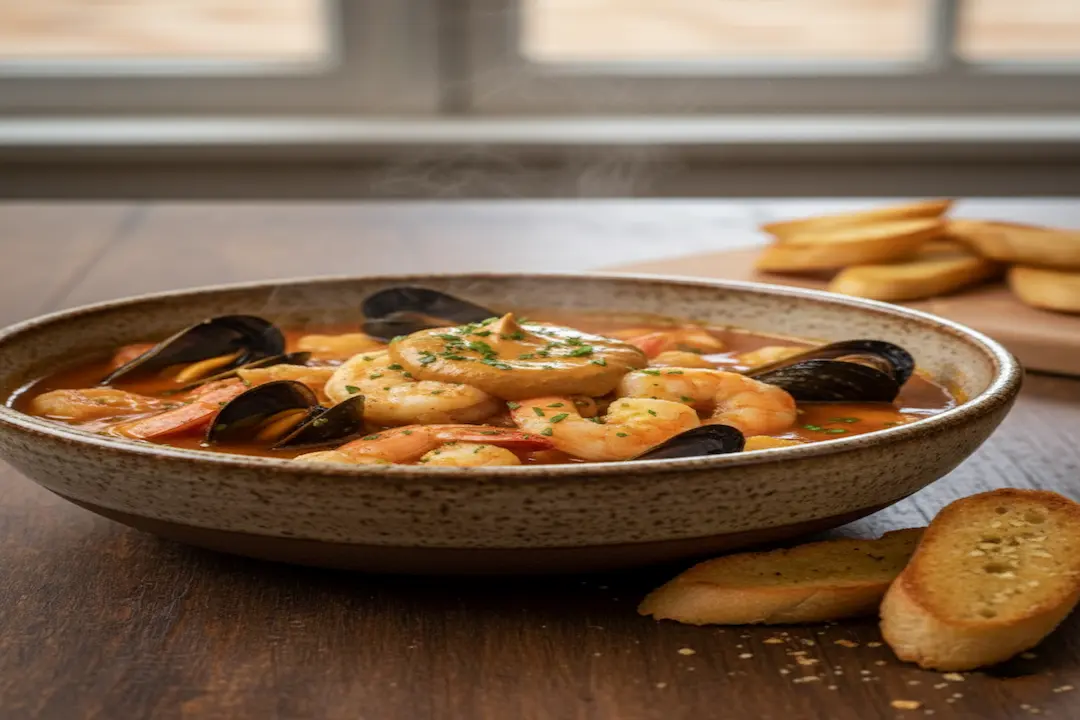 Gros plan sur une portion de Marmite de la Mer contenant du cabillaud, des moules et des crevettes dans un bouillon safrané, garni de sauce Rouille.