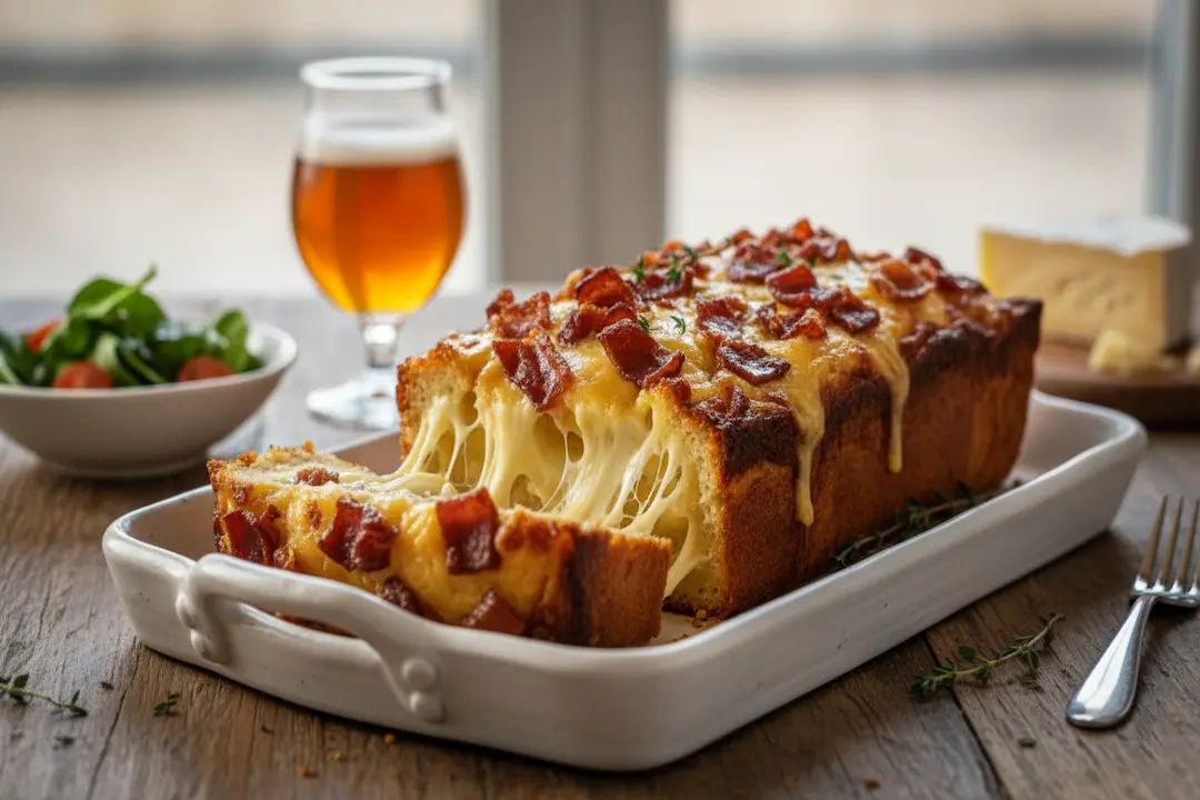 Le cake camembert & lardons entier, doré et gonflé, sur son plat de service.