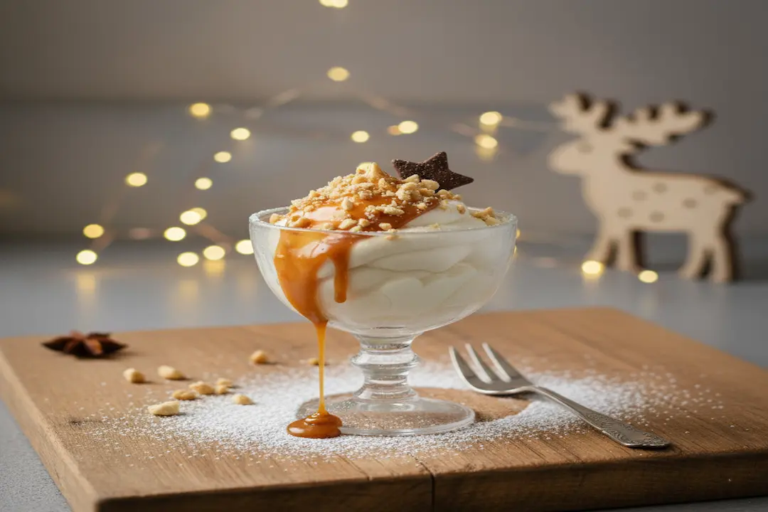 Gros plan du Sundae Caramel de Noël dans une coupe, avec le caramel coulant, la crème glacée et des cacahuètes concassées.