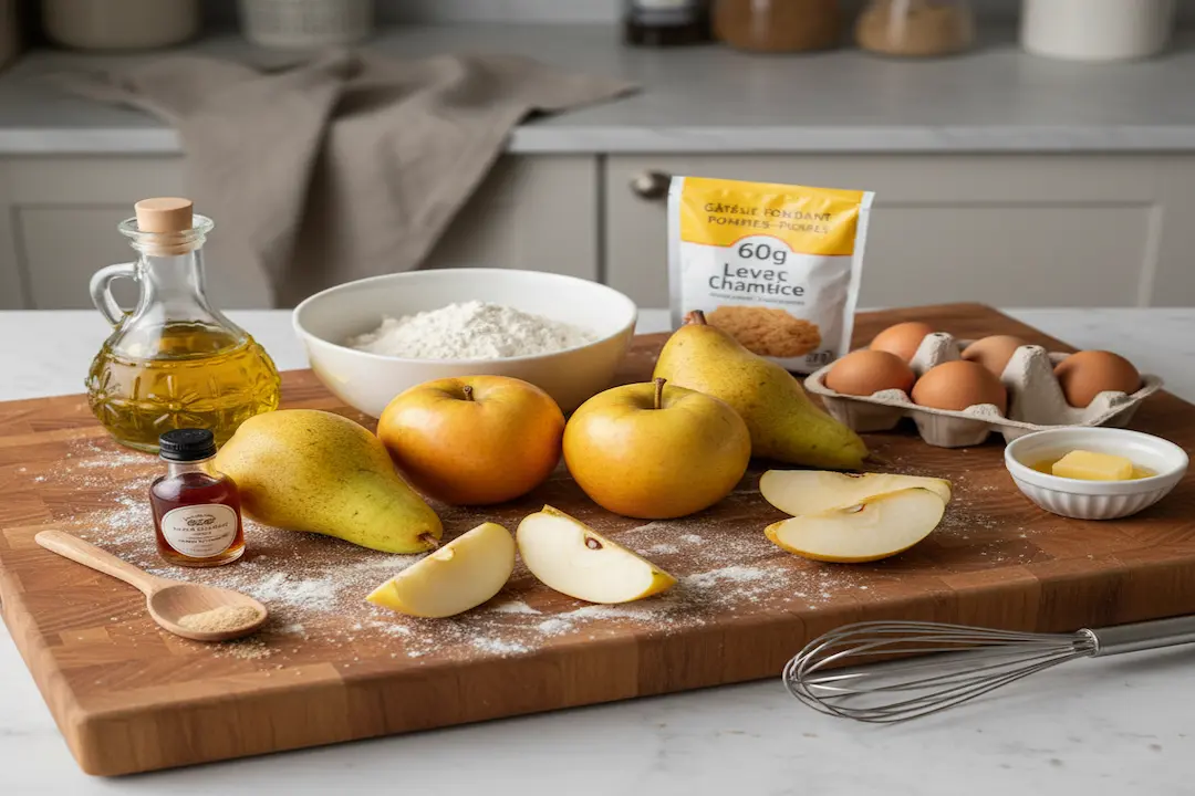 Ingrédients frais et secs du Gâteau Fondant Pommes-Poires : pommes, poires, farine, œufs, sucre, lait, huile d'olive et beurre sur une planche en bois.