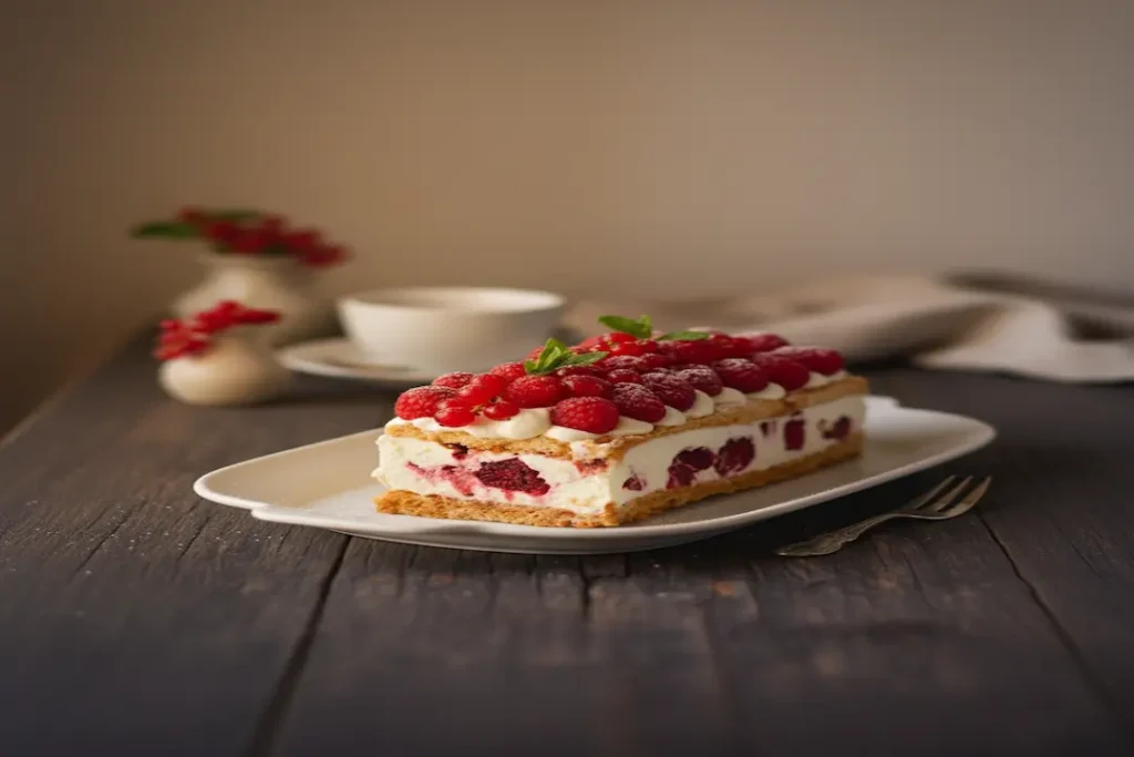 Tranche de Bûche Mascarpone & Framboise révélant la couche de crème onctueuse, le coulis de fruits rouges et la base biscuitée.