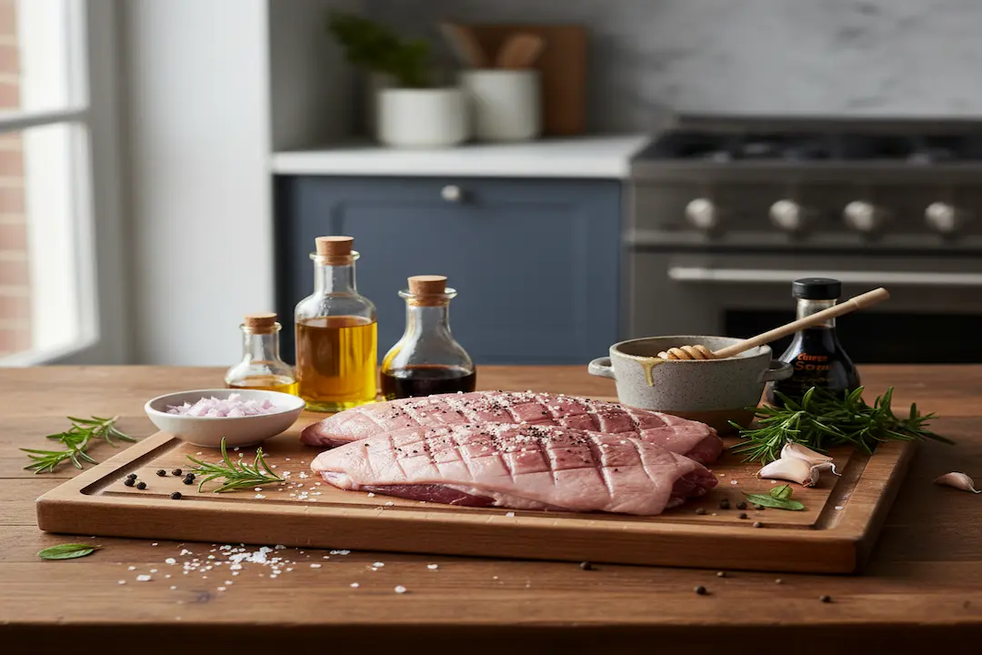 Préparation du Magret : Quadrillage pour une Peau Croustillante Gros plan sur un magret de canard cru, dont la peau a été quadrillée en losanges réguliers avec un couteau. Le magret repose sur une planche à découper en bois foncé, généreusement saupoudré de sel et de poivre fraîchement moulu. Un couteau de cuisine et un petit bol de gros sel sont visibles à l'arrière-plan.