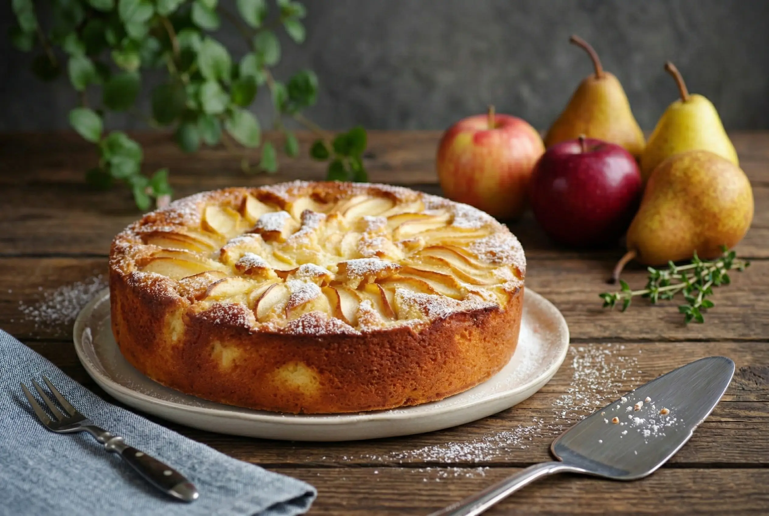 Part de Gâteau Fondant Pommes-Poires servie avec une boule de glace vanille et une fourchette, avec le reste du gâteau en arrière-plan.