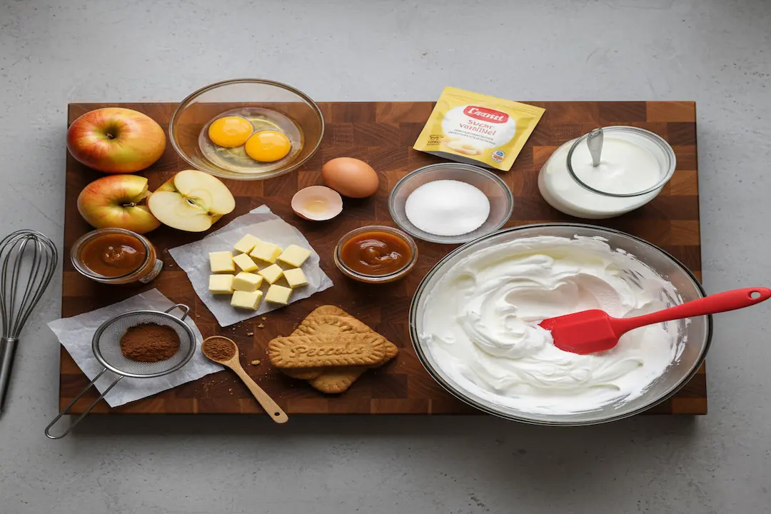 Ingrédients pour Tiramisu Caramel Beurre Salé et Pommes Ingrédients pour Tiramisu Caramel Beurre Salé et Pommes sur une planche : pommes, beurre, sucre, crème liquide, mascarpone, œufs, spéculoos, cacao et sucre vanillé.