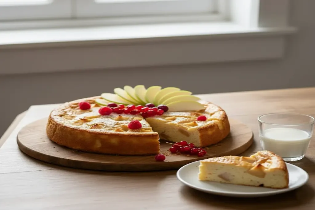 Tranche de Flan Maison Pommes–Yaourt servie sur une assiette, révélant la texture fondante avec des morceaux de pommes visibles.