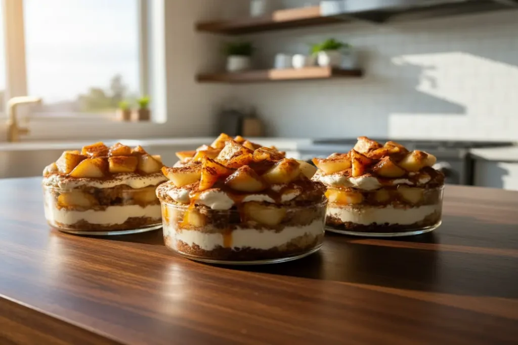 Quatre verrines de Tiramisu Caramel Beurre Salé et Pommes, garnies de gros dés de pommes poêlées, de crème mascarpone, de caramel coulant et de cacao.