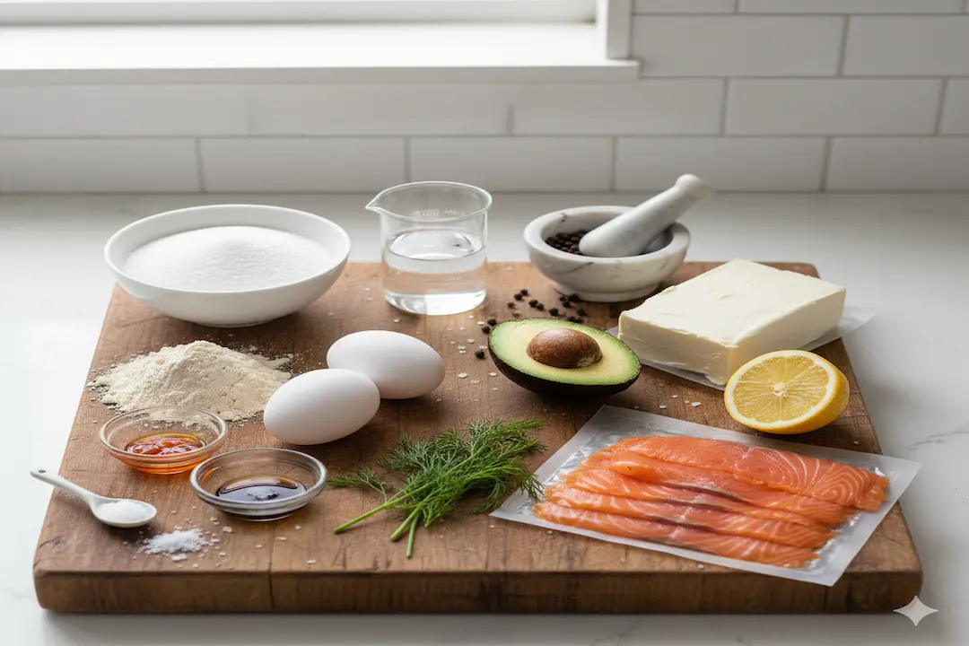 Ingrédients Recette Macarons Salés Saumon Fumé Crème d'Avocat Ingrédients pour macarons salés au saumon et avocat sur une planche en bois : poudre d'amande, œufs, sucre, saumon fumé, avocat, fromage frais, citron.