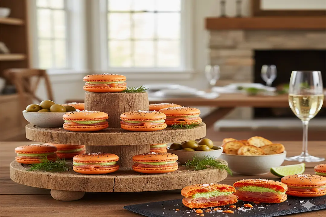 Idée Présentation Apéritif Macarons Salés Saumon Présentation apéritif de macarons salés au saumon et avocat sur un plateau, avec un verre de champagne.