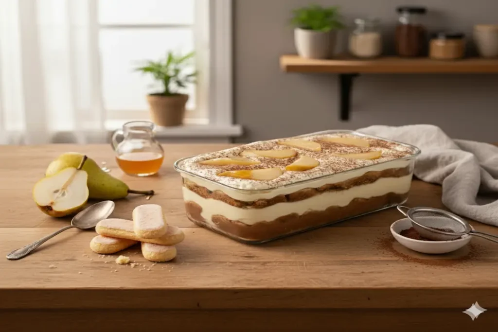 Résultat final du Tiramisu Chocolat et Poires : plat rectangulaire non découpé, saupoudré de cacao et décoré de tranches de poires.