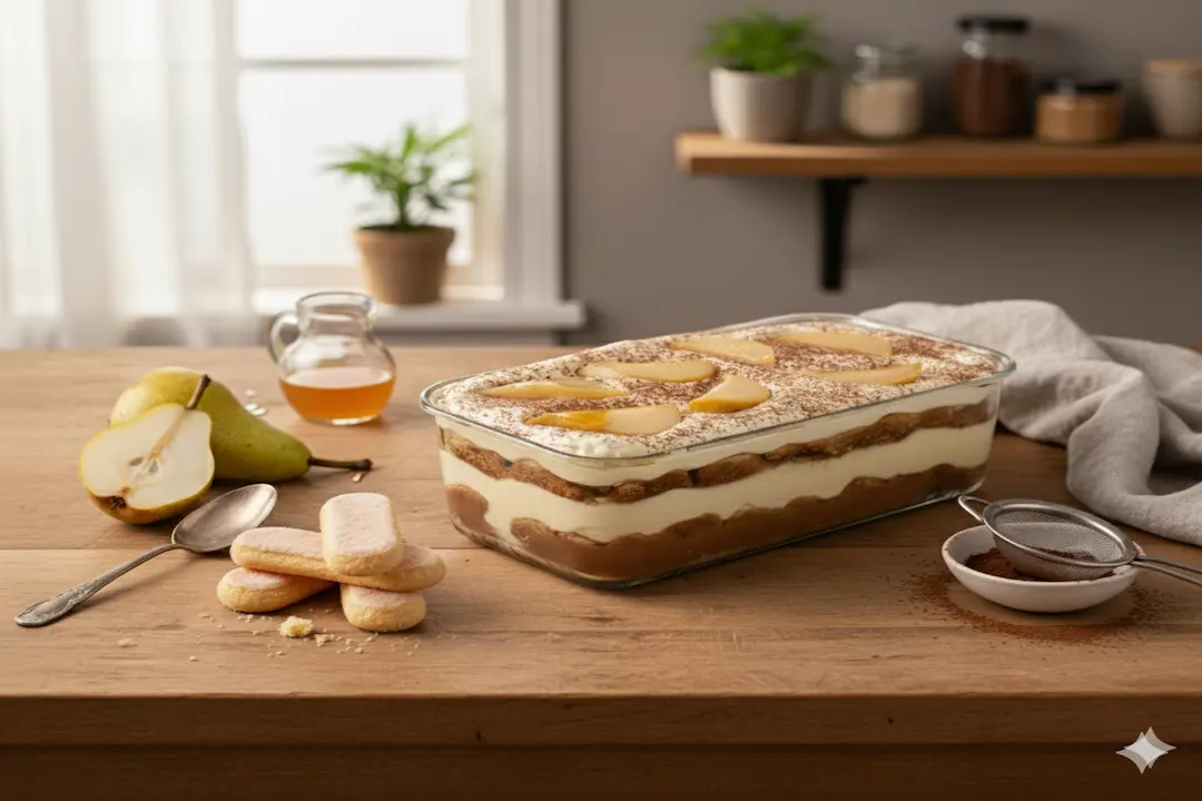 Résultat final du Tiramisu Chocolat et Poires : plat rectangulaire non découpé, saupoudré de cacao et décoré de tranches de poires.