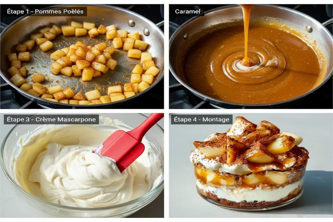 Les Étapes Clés du Montage du Tiramisu Caramel Beurre Salé et Pommes quatre panneaux illustrant les étapes de montage du Tiramisu Caramel Beurre Salé et Pommes en verrines : émiettage de spéculoos, ajout de crème, pommes, caramel, répétition des couches, finition, et repos au réfrigérateur.