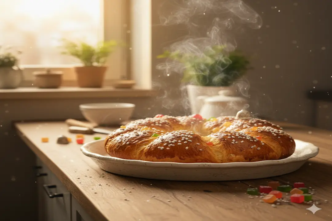 Couronne de Brioche des Rois Provençale crue, badigeonnée, avec fève glissée, prête à cuire.