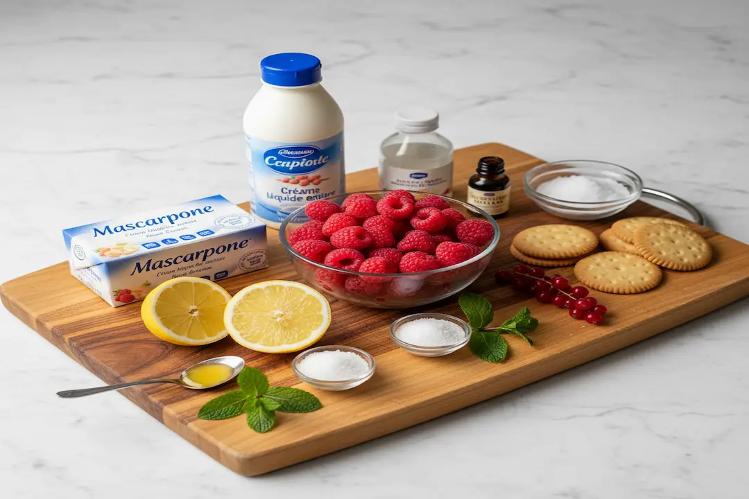 Ingrédients pour la Bûche Mascarpone & Framboise : Mascarpone, crème fraîche, framboises fraîches, sucre glace, biscuits Petit Beurre et citrons sur une planche en bois.