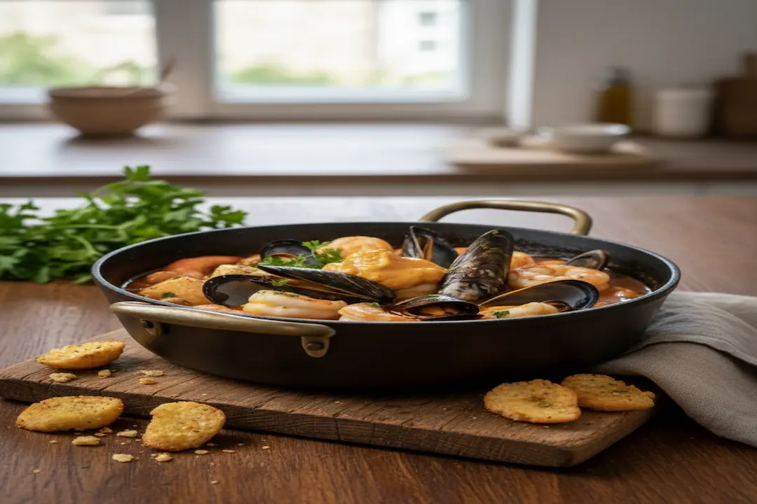 Dégustation de la Marmite de la Mer et sa Sauce Rouille Mise en scène de la Marmite de la Mer et sa Sauce Rouille sur une table avec croûtons aillés, vin blanc et bols de Rouille individuelle.