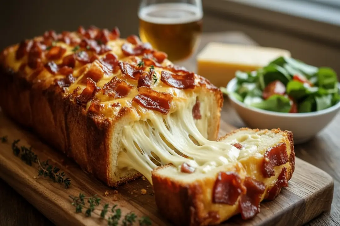 tranche-cake-camembert-lardons-fondant Tranche épaisse de cake camembert & lardons montrant le fromage fondant et les morceaux de lardons.