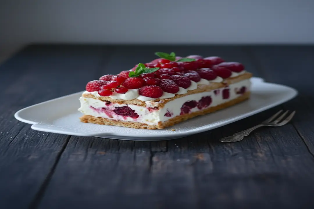Bûche Mascarpone & Framboise entière et décorée de framboises fraîches, feuilles de menthe et sucre glace, prête à servir.