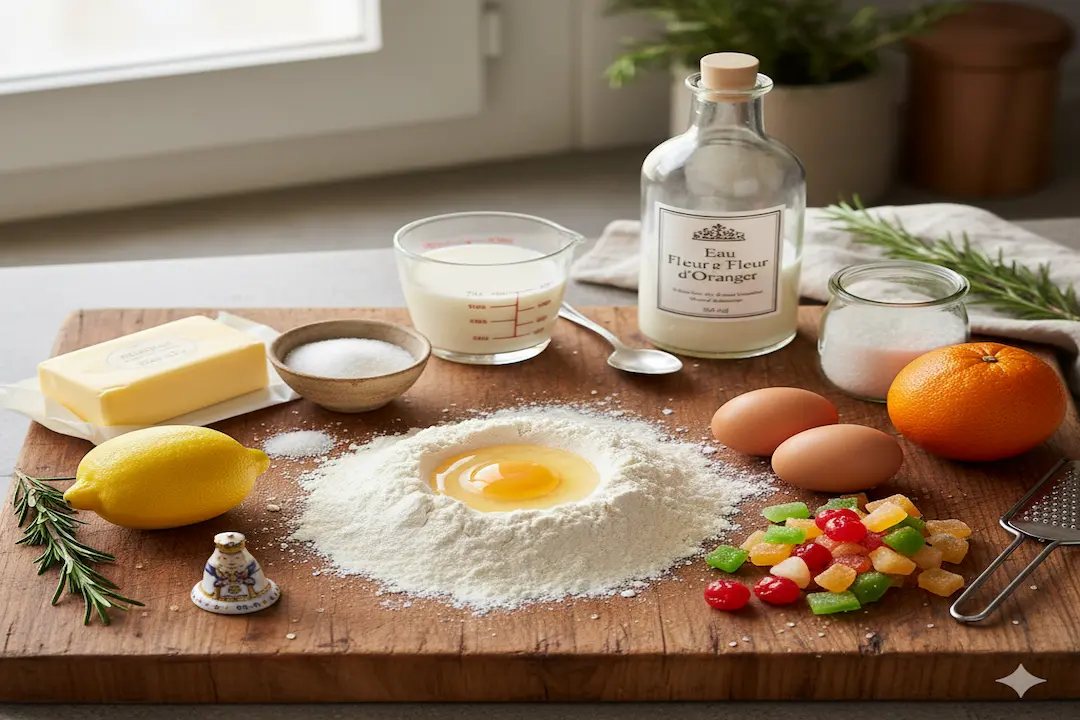 Ingrédients pour Brioche des Rois Provençale : farine, œufs, beurre, sucre, lait, fleur d'oranger, fruits confits, zeste orange, fève sur planche en bois.