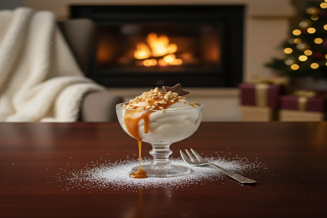 Présentation festive du Sundae Caramel de Noël sur une table décorée avec des lumières de Noël.