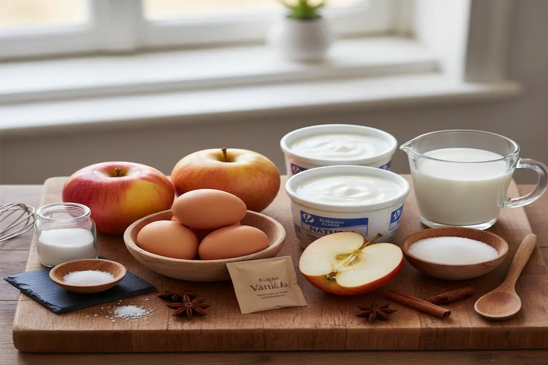 Tous les ingrédients de base pour le Flan Maison Pommes–Yaourt : yaourt nature, œufs, pommes rouges, sucre et lait, disposés sur une planche à découper.