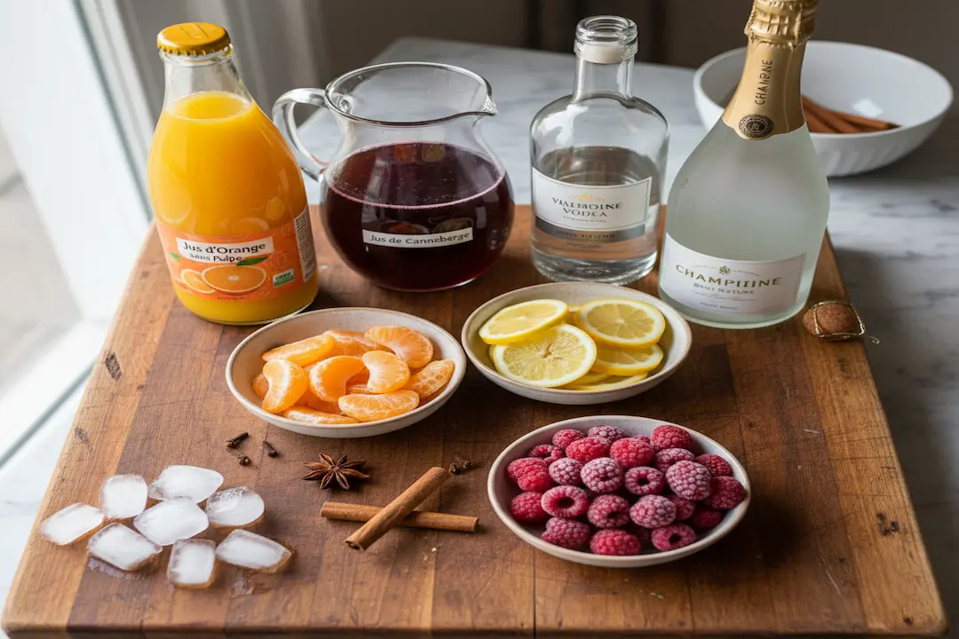 Ingredients-Sangria-de-Noel-sur-planche Ingrédients pour la Sangria de Noël étalés sur une planche en bois : clémentines, citron, framboises, épices, et bouteilles de jus.
