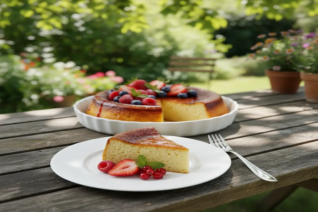 Tranche de Flan SANS PÂTE ultra-crémeux, servie froide sur une assiette.