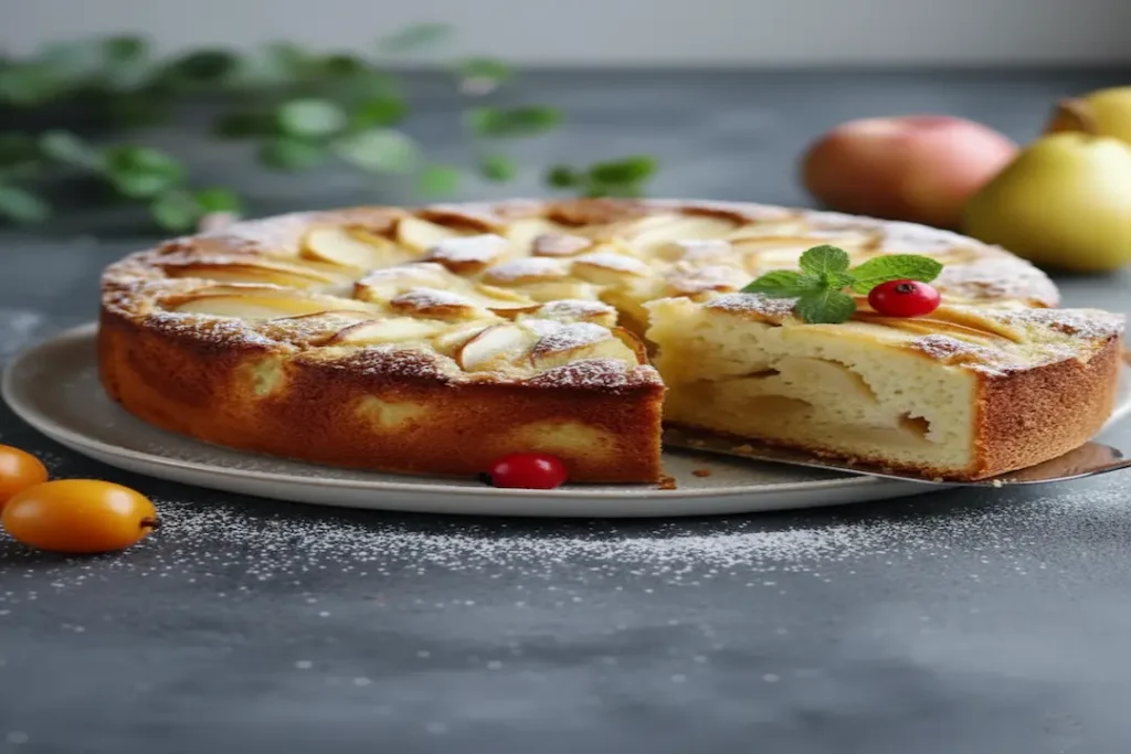 Part de Gâteau Fondant Pommes-Poires servie avec une boule de glace vanille et une fourchette, avec le reste du gâteau en arrière-plan.