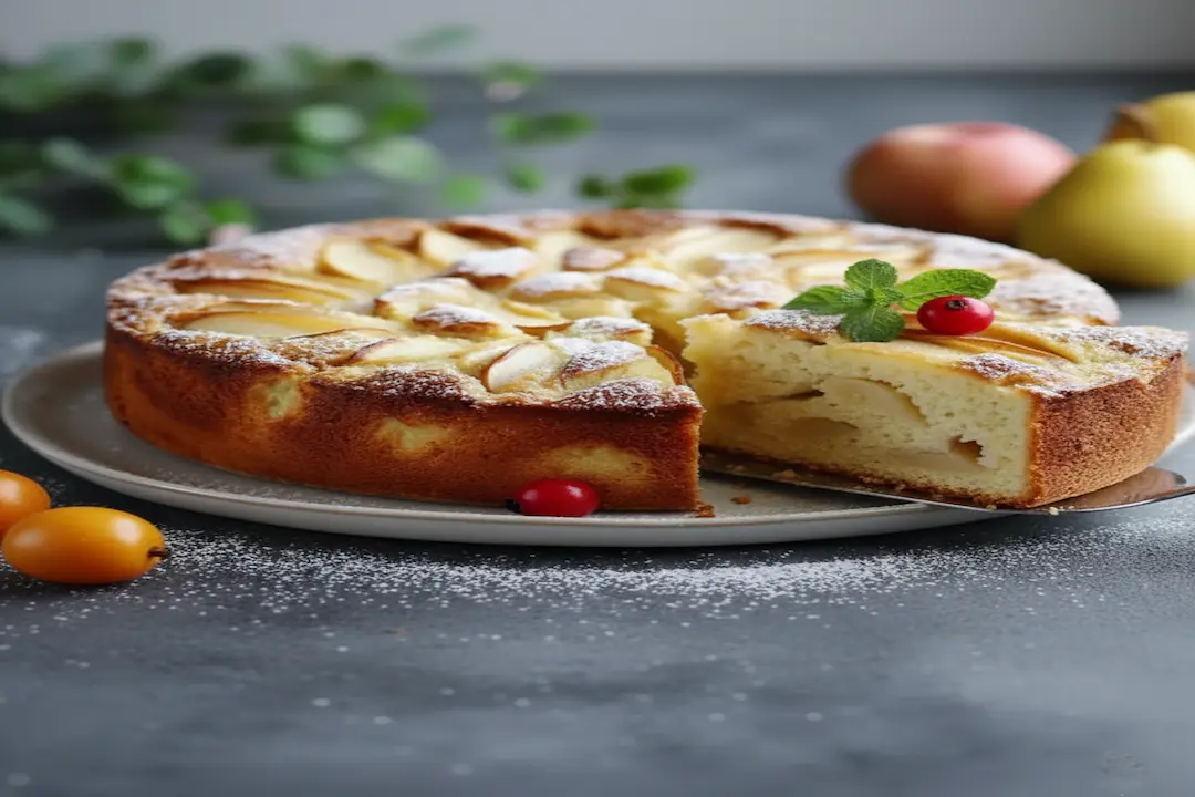 Part de Gâteau Fondant Pommes-Poires servie avec une boule de glace vanille et une fourchette, avec le reste du gâteau en arrière-plan.
