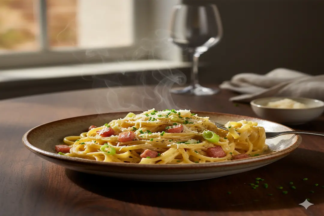 Gros plan sur une assiette de poireaux à la carbonara, mettant en valeur la sauce onctueuse et la ciboulette fraîche.