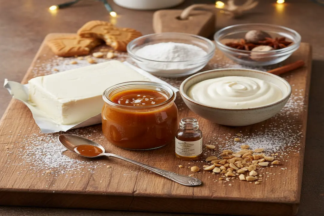 Mascarpone, crème, sucre glace, vanille liquide, caramel au beurre salé et cacahuètes sur une planche pour le Sundae Caramel de Noël.