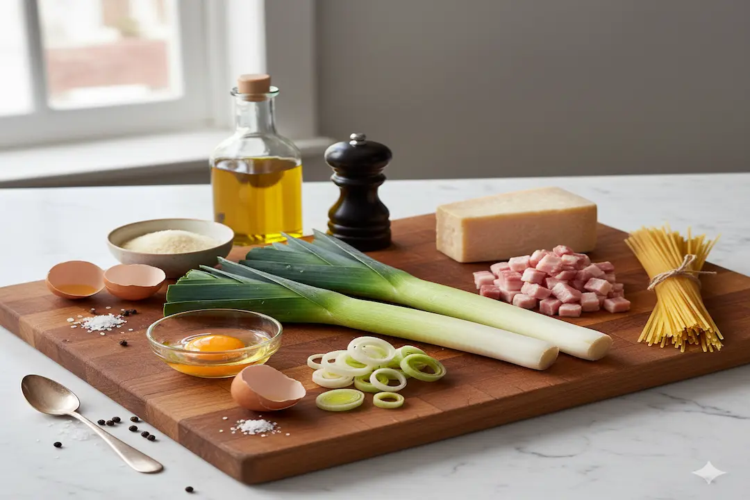 Ingrédients pour les poireaux à la carbonara sur une planche en bois : poireaux frais, lardons, pâtes, œufs, et parmesan.