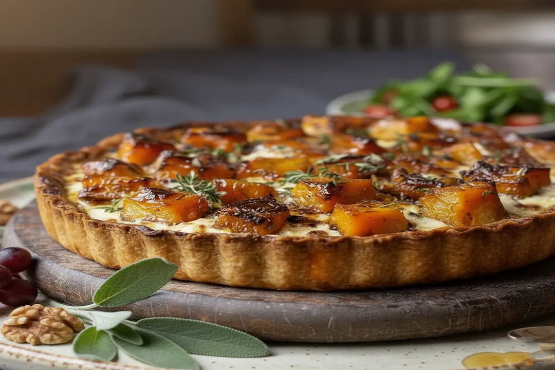 Tarte Butternut Chèvre & Miel tout juste sortie du four, dorée, avec le fromage gratiné, le miel caramélisé et le fond de pâte croustillant.