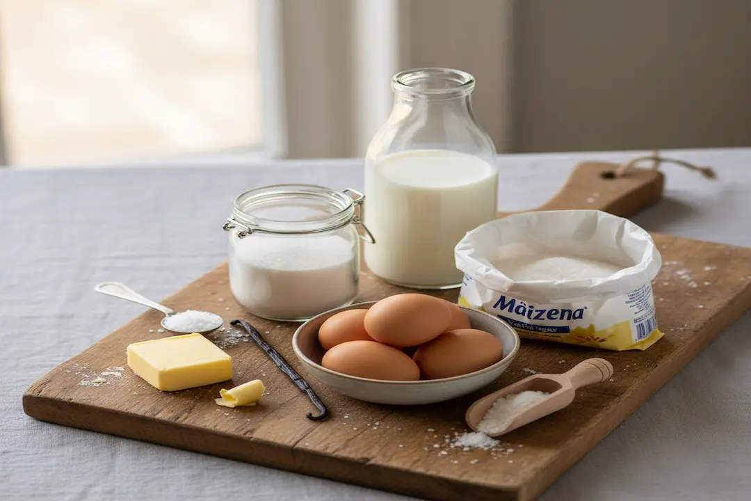 Ingrédients clés du Flan SANS PÂTE sur une planche en bois : lait entier, œufs, sucre, Maïzena, sel, vanille.