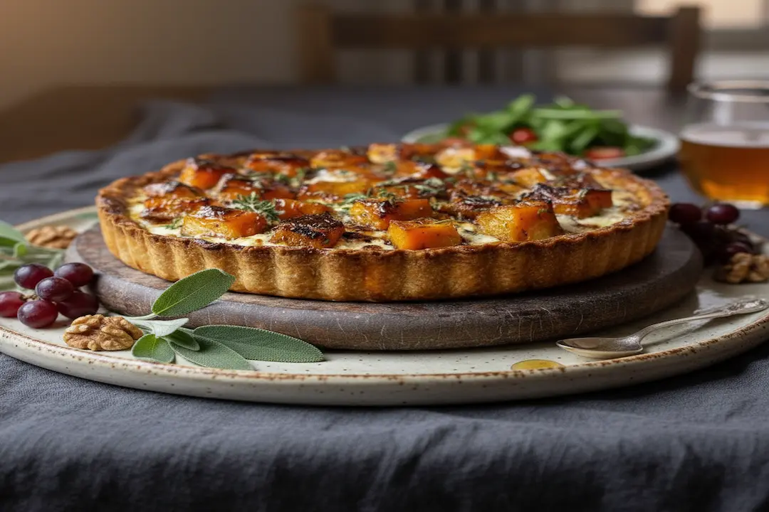 Tarte Butternut Chèvre & Miel tout juste sortie du four, dorée, avec le fromage gratiné, le miel caramélisé et le fond de pâte croustillant.