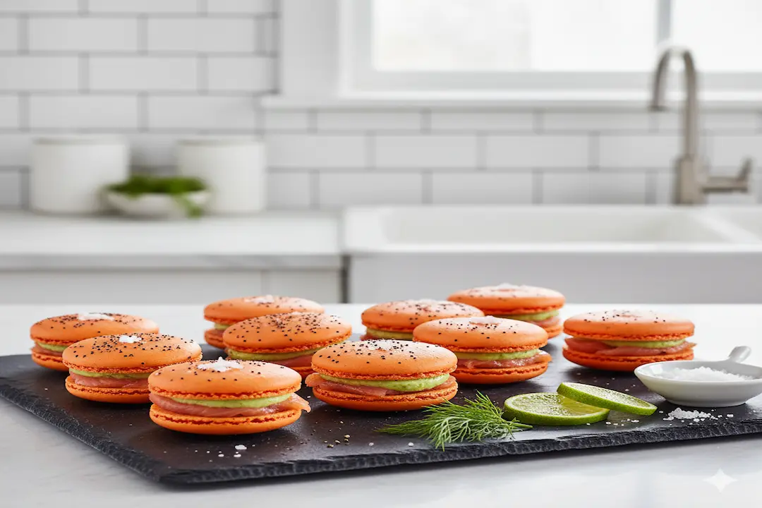 Gros plan sur trois Macarons Salés au Saumon Fumé & Crème d'Avocat finis, servis sur une assiette en ardoise.
