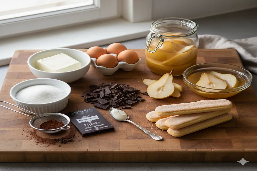 Tous les ingrédients de la recette : Mascarpone, œufs, sucre, poires au sirop, chocolat noir, crème fraîche, cacao et biscuits cuillère.