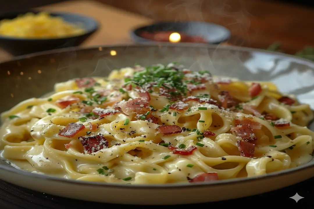 Assiette de poireaux à la carbonara crémeux, servie avec des tagliatelles, des lardons croustillants et du parmesan râpé.