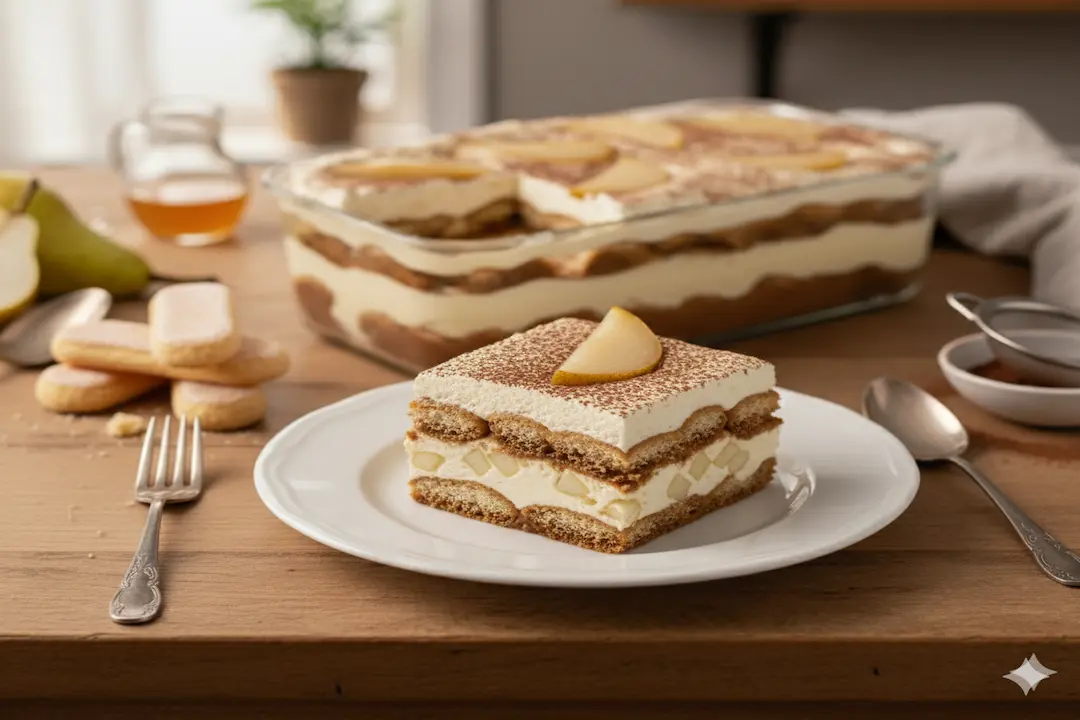 Morceau de Tiramisu Chocolat et Poires présenté sur une assiette, montrant clairement les couches de crème, de poires et de ganache.