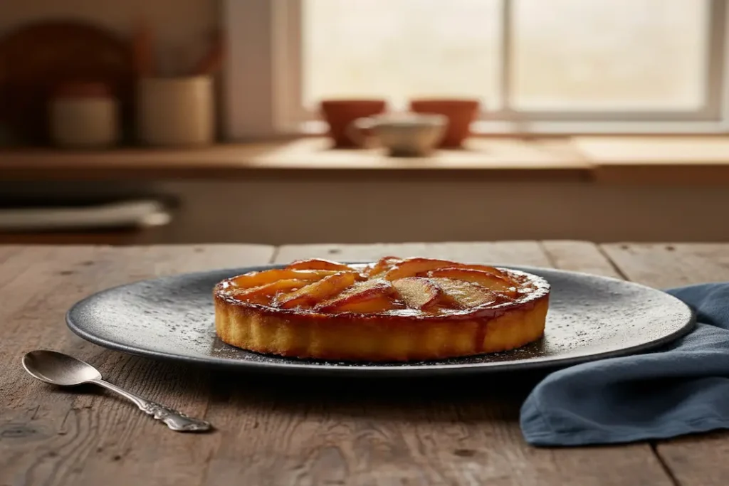 Tartelette Fine Maison Pommes servie sur une assiette, garnie d'une boule de glace vanille et prête à être dégustée.