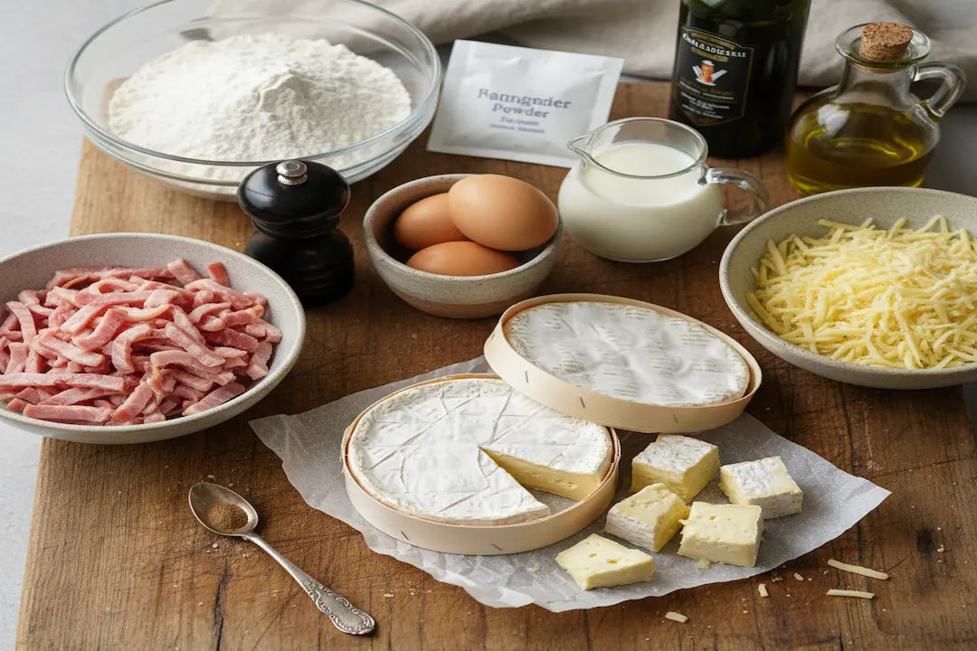 ingredients-recette-cake-camembert-lardons Ingrédients pour le cake camembert & lardons étalés sur un plan de travail en bois.
