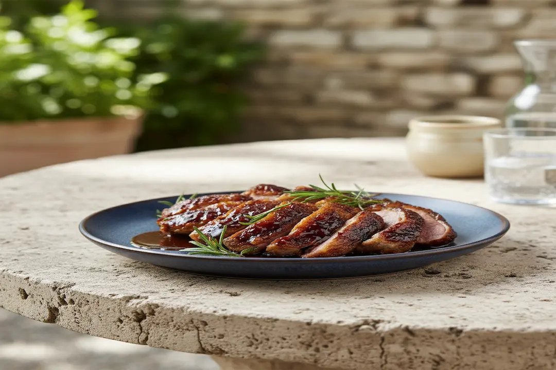 Le Magret en Scène : Présentation Gourmande Vue rapprochée du magret de canard tranché et nappé de sauce, servi sur une table rustique ou élégante, peut-être avec un verre de vin rouge ou un accompagnement flouté en arrière-plan.