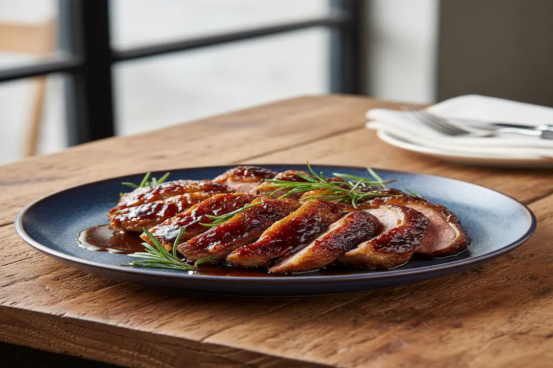 Magret au Miel et Balsamique cuit, tranché en fines lamelles rosées, joliment dressé sur une assiette et généreusement nappé de la sauce au miel et vinaigre balsamique, brillante et sirupeuse.
