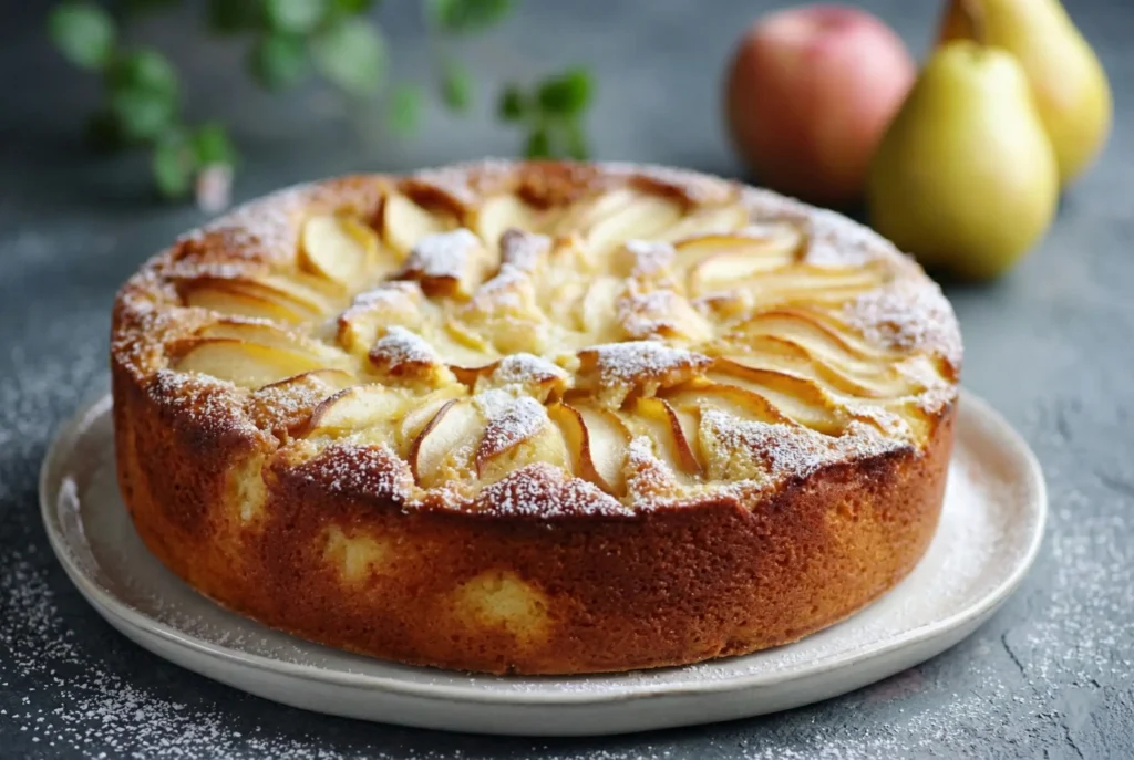 Part de Gâteau Fondant Pommes-Poires servie avec une boule de glace vanille et une fourchette, avec le reste du gâteau en arrière-plan.