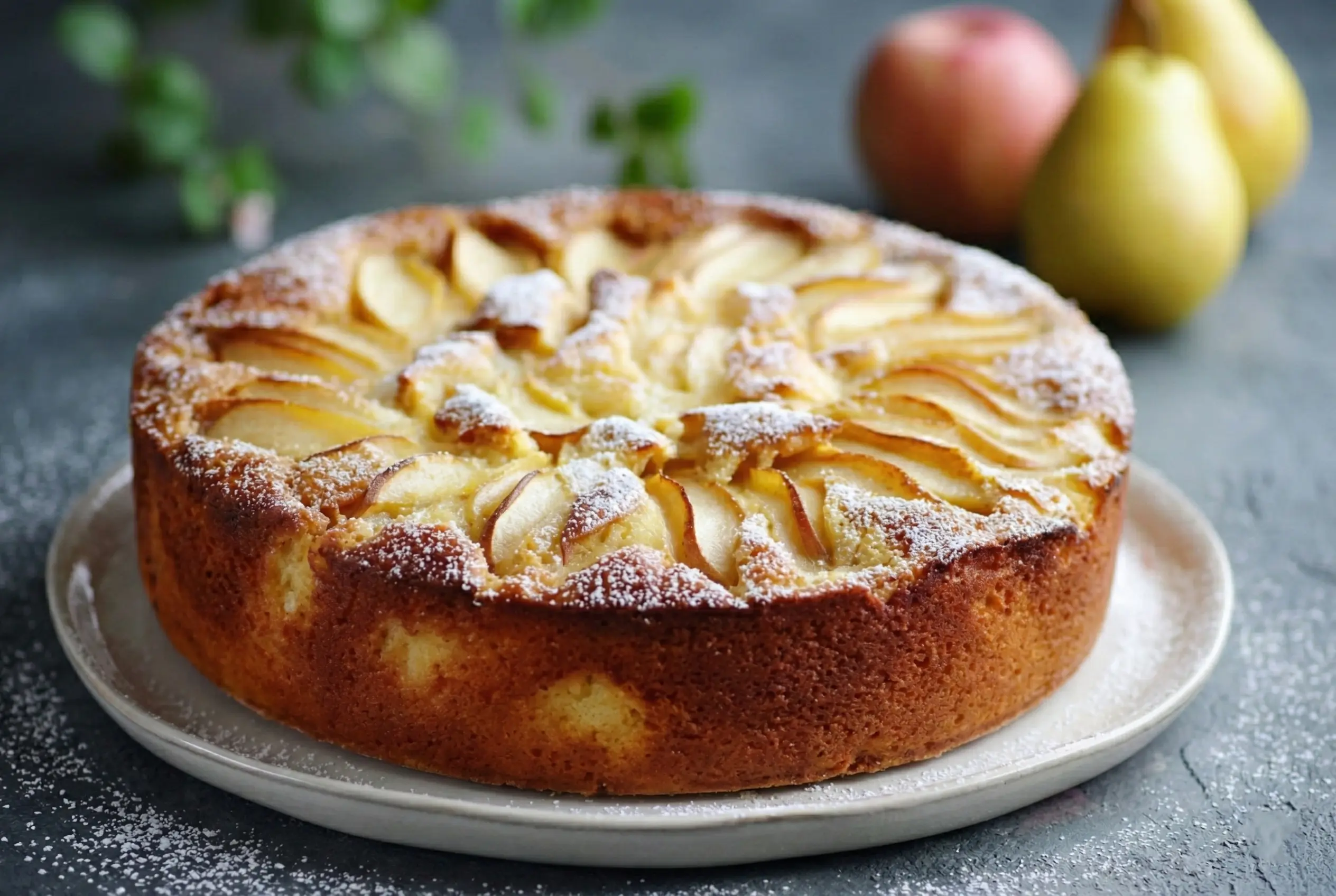 Part de Gâteau Fondant Pommes-Poires servie avec une boule de glace vanille et une fourchette, avec le reste du gâteau en arrière-plan.