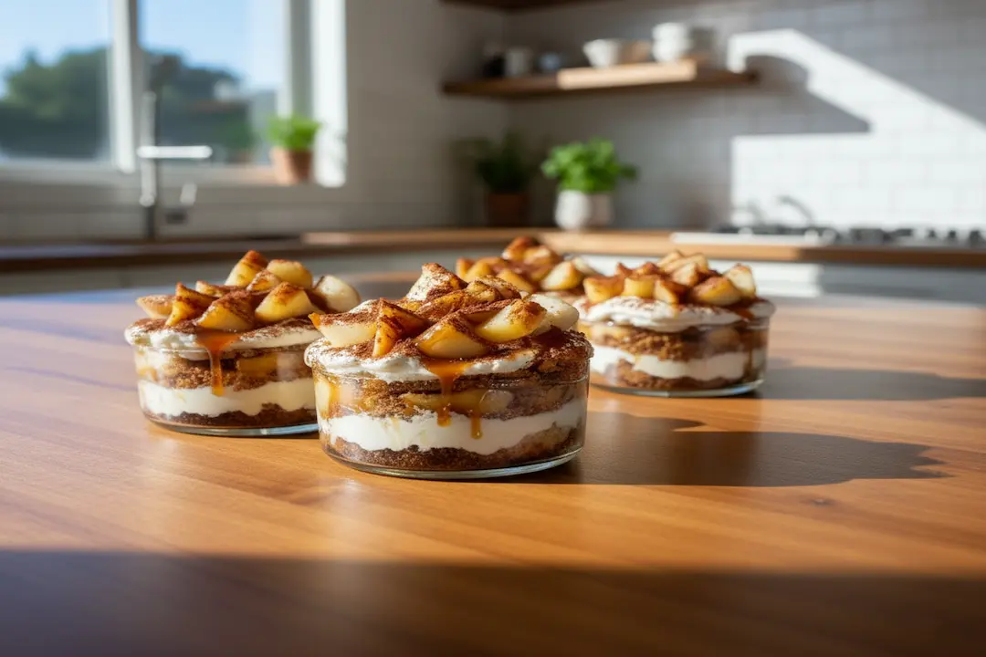 Tiramisu Caramel Beurre Salé et Pommes - Verrines Rustiques Quatre verrines de Tiramisu Caramel Beurre Salé et Pommes, garnies de gros dés de pommes poêlées, de crème mascarpone, de caramel coulant et de cacao.